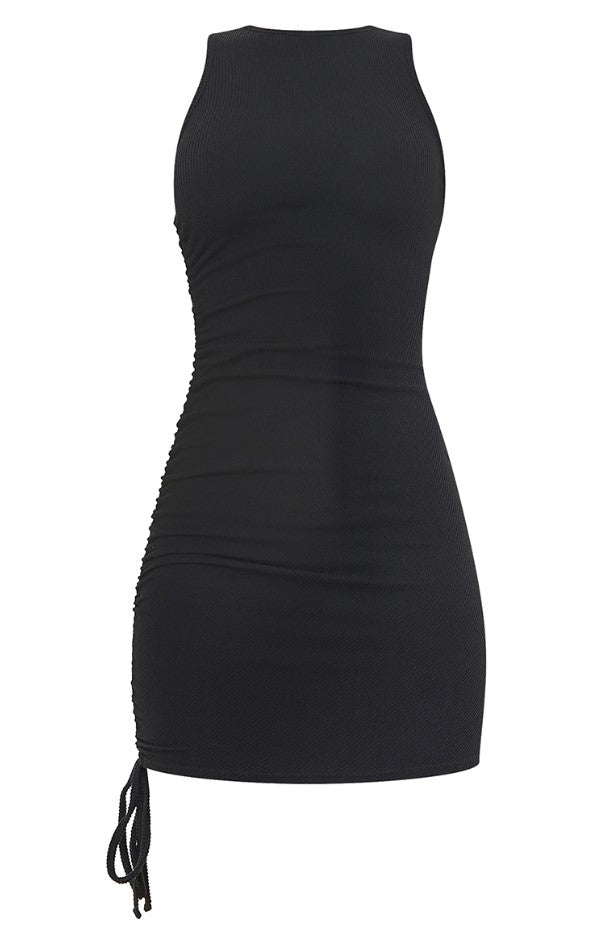 Black Crinkle Rib Sleeveless Ruched Racer Neck Bodycon Dress