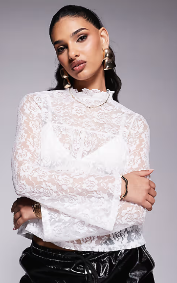 ASOS DESIGN lace babydoll long flute sleeve top with pie crust neck detail in cream