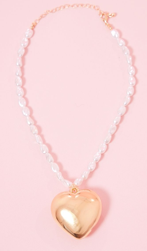 Gold Puff Heart Pearl Necklace