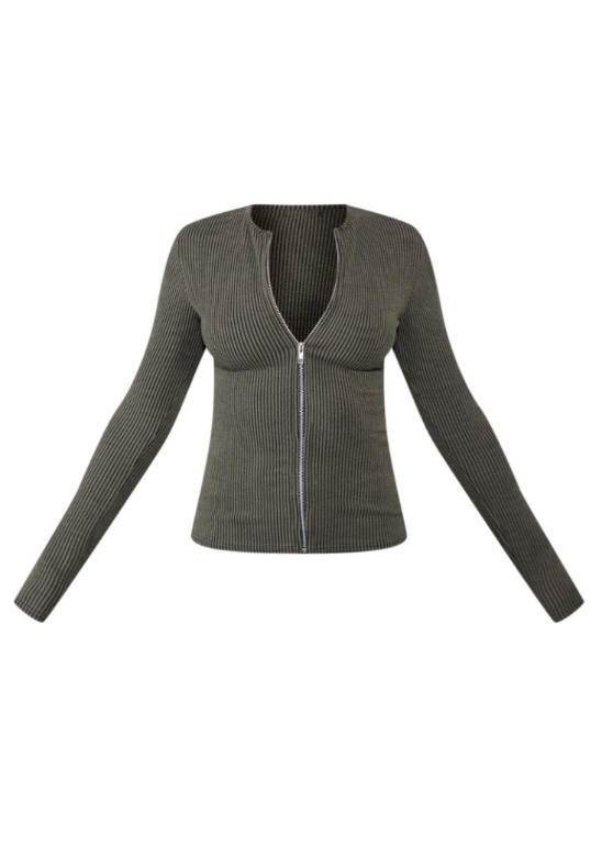 Moss Khaki Two Tone Rib Longline Zip Up Top