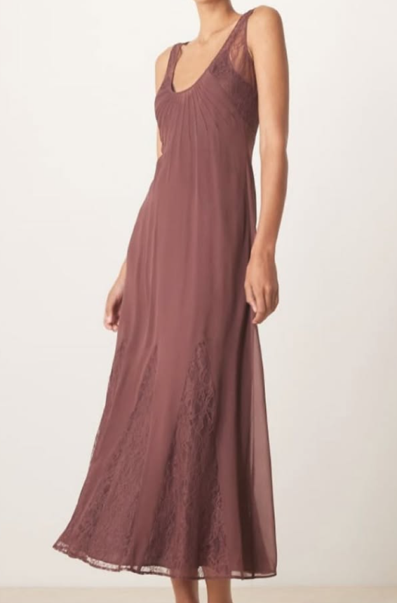 ASOS DESIGN lace and chiffon midi dress with godets in chocolate brown
