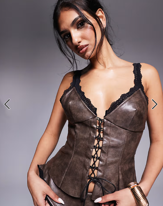 Murci exclusive distressed leather look lace up top co-ord in brown