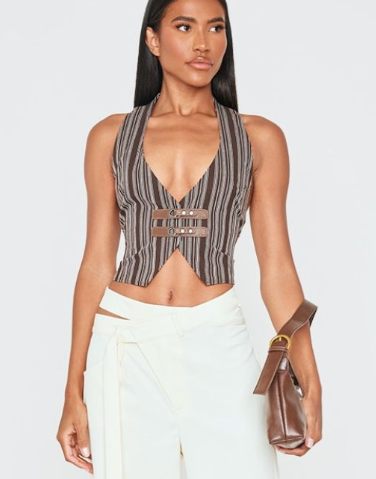 Brown Premium Woven Striped Buckle Plunge Waistcoat