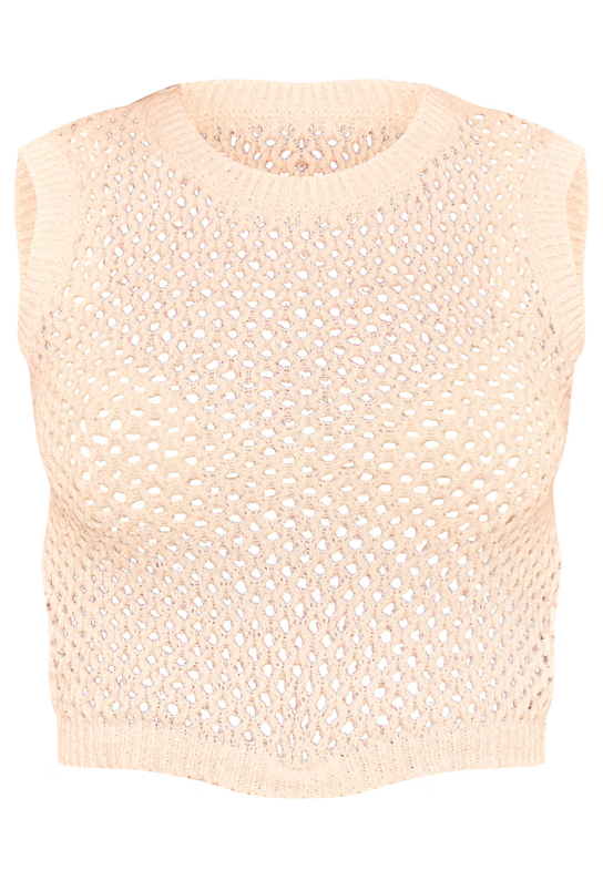 Plt - Cream Textured Crochet Tie Detail Racer Neck Top