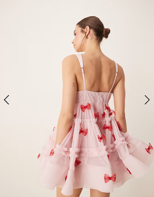 Lace & Beads bow applique babydoll mini dress in pink and red