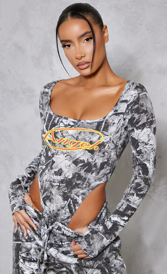 Grey Camo Long Sleeve High Leg Bodysuit