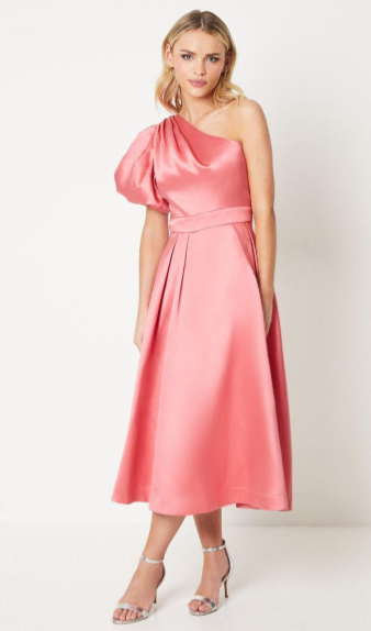 Petite One Shoulder Fit & Flare Midi Dress In Twill