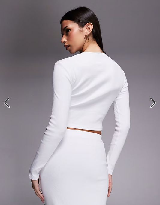 The Frolic exclusive ribbed button through long sleeve top co-ord in white