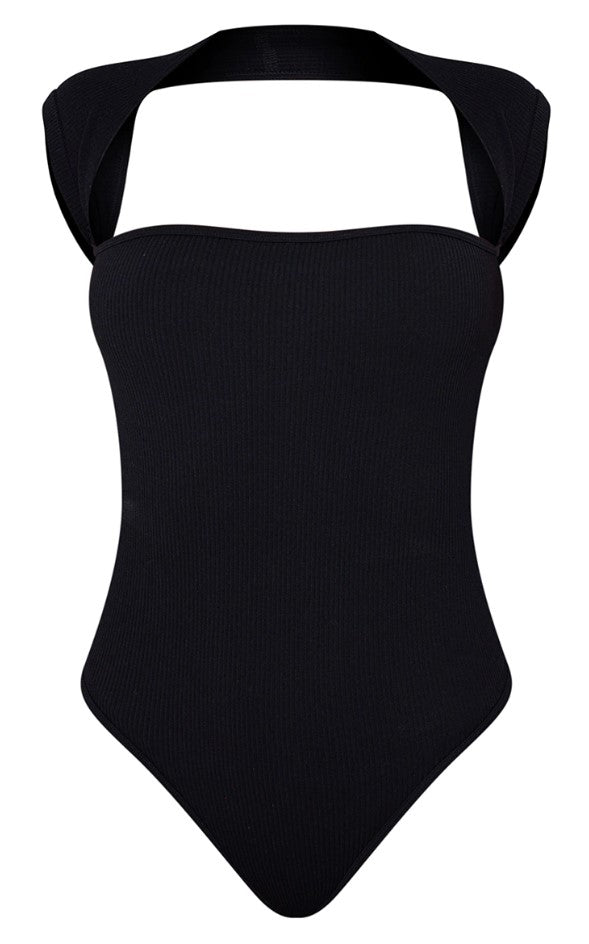 Black Contour Rib Cut Out Short Sleeve Bodysuit