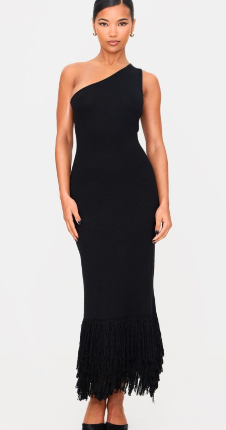 Plt - Black Fine Knit Fringe Hem One Shoulder Maxi Dress