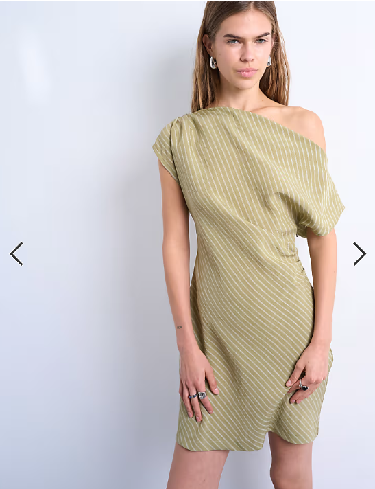 Topshop cinched waist grown on neck mini dress in green stripe