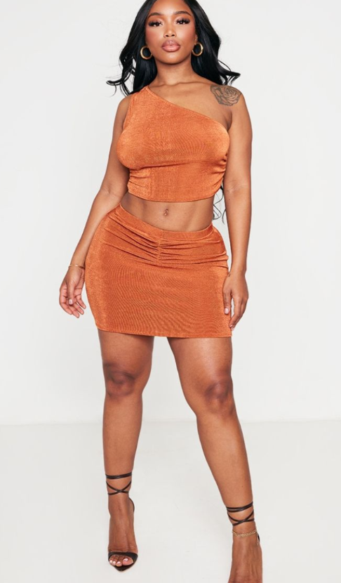 Shape Rust Slinky Acetate Ruched Front Mini Skirt