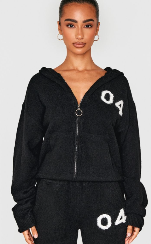 Petite Black Knitted Zip Up Embroidered Hoodie