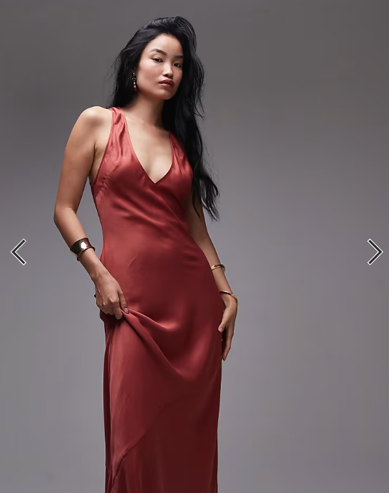 Topshop deep plunge satin maxi dress in rust