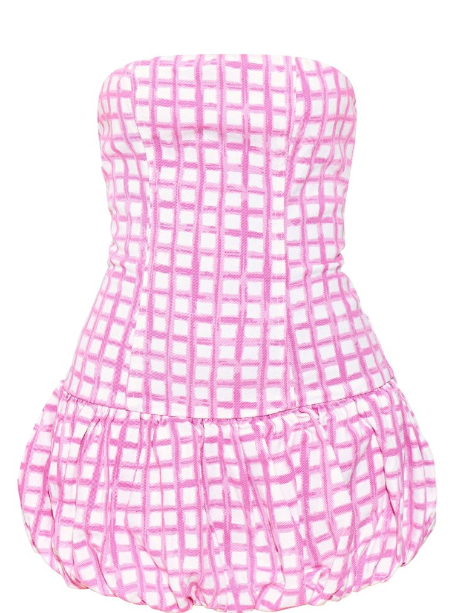 Pink Gingham Denim Bandeau Puffball Mini Dress