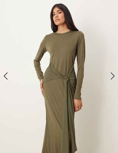 ASOS DESIGN long sleeve tie front maxi dress in khaki
