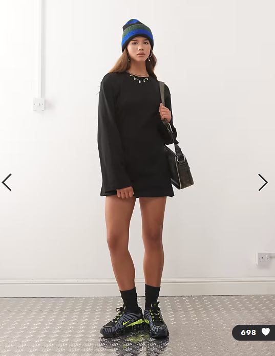 Monki cinched waist long sleeve mini t-shirt dress in black