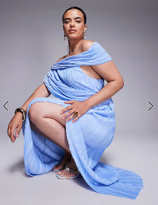 ASOS DESIGN Curve plisse drape shoulder maxi dress with wrap skirt in pastel blue