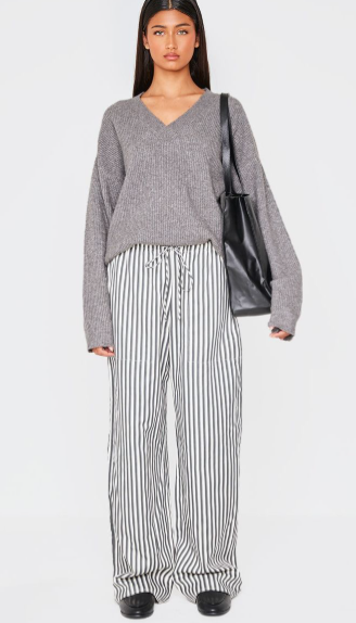 White Pinstripe Woven Drawstring Waist Low Rise Relaxed Trousers