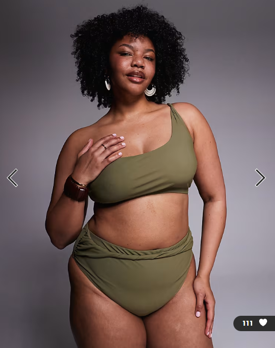 ASOS DESIGN Curve Tina Twisted paper touch one shoulder crop bikini top in khaki