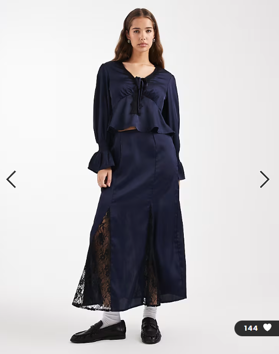 Wednesday's Girl lace insert midaxi skirt in navy