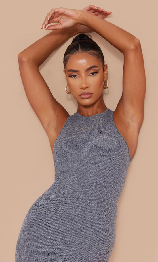 Grey Marl Structured Contour Rib Racer Neck Midaxi Dress