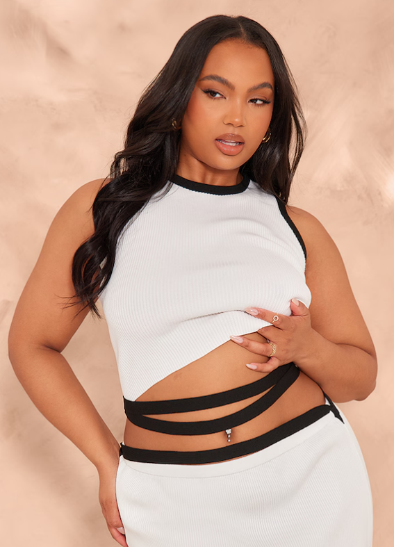 Plus White Rib Knit Contrast Detailing Racer Neck Crop Top