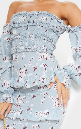 Blue Floral Print Shirred Ruffle Bardot Midi Dress.