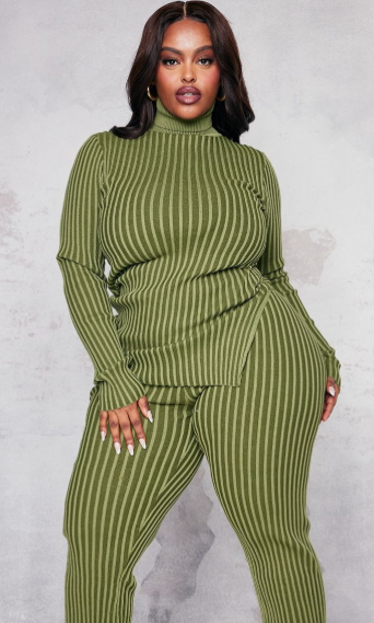 Plus Khaki Roll Neck Rib Knitted Jumper