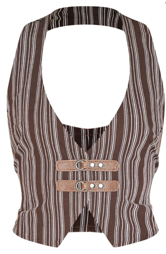 Brown Premium Woven Striped Buckle Plunge Waistcoat
