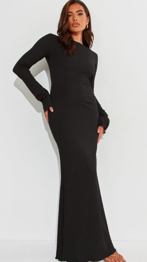 Plt - Black Crinkle Textured Lettuce Hem Long Sleeve Maxi Dress