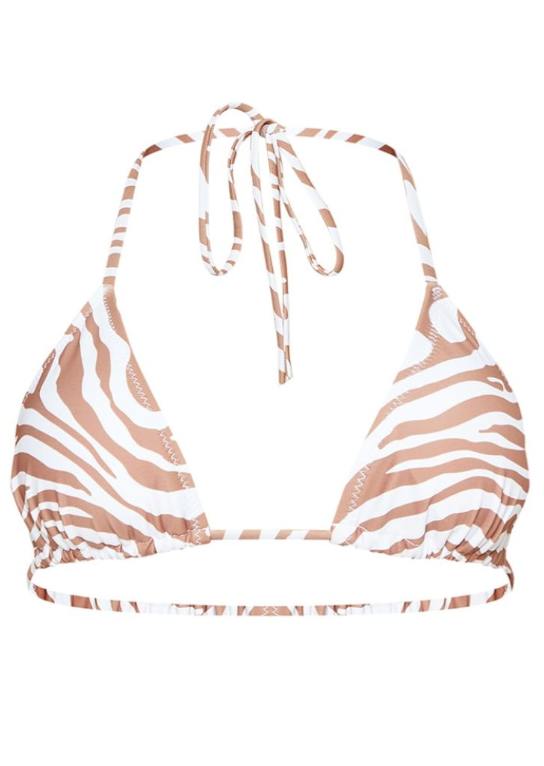Brown Zebra Print Adjustable String Tie Padded Triangle Bikini Top