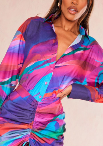 Plt - Multi Abstract Print Oversized Shirt Ruched Bodycon Dress