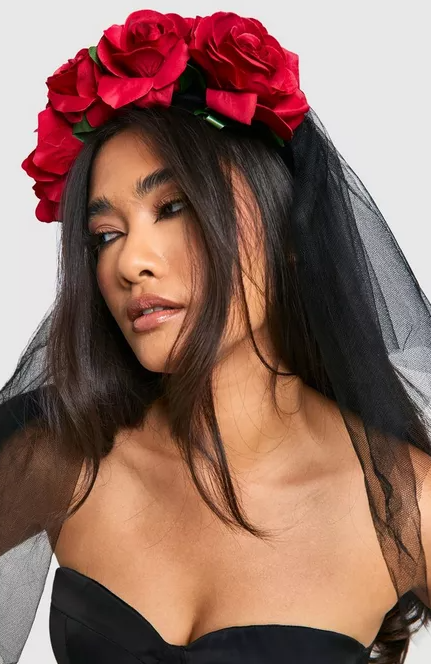 Black Halloween Rose Detail Lace Veil