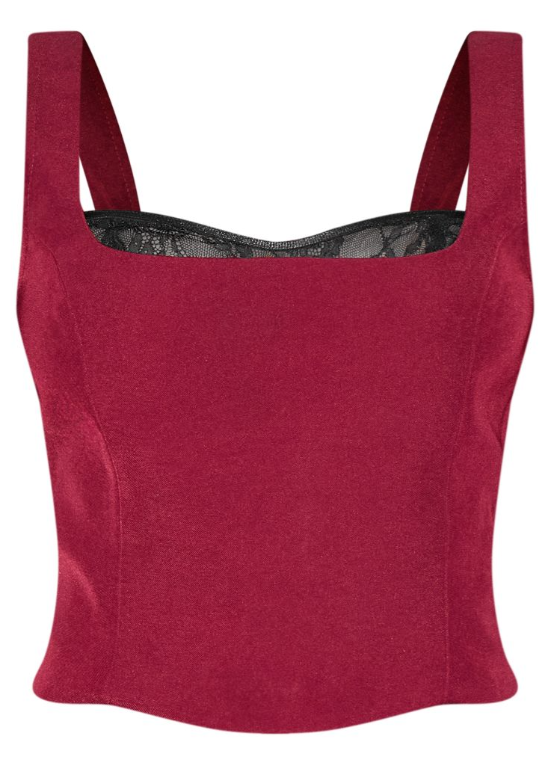Burgundy Lace Detail Corset Woven Crop Top