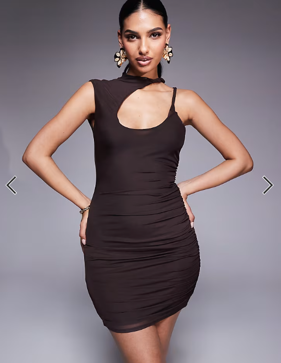 ASOS DESIGN mesh scooped away neckline mini dress with twisted strap in chocolate