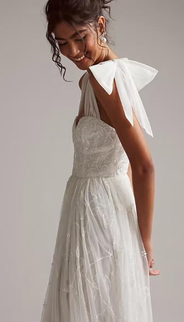 ASOS DESIGN Mila floral embellished mesh wedding dress with tie straps in