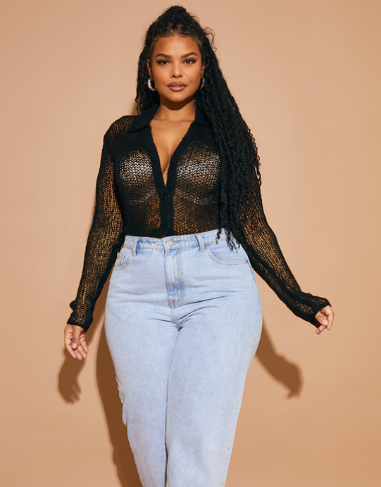 Plus Black Fine Knit Button Plunge Shirt