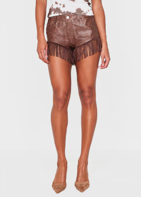 Chocolate Cracked Faux Leather Fringe Hem Hot Pants