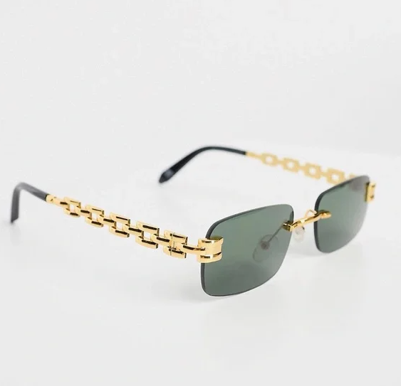 90s rimless chain temple detail sunlgasses in dark