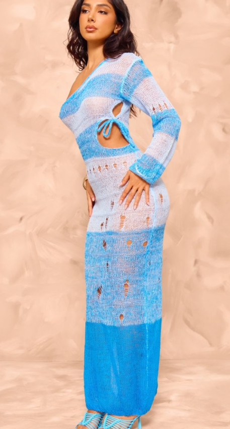 Petite Blue One Sleeve Open Knit Maxi Dress