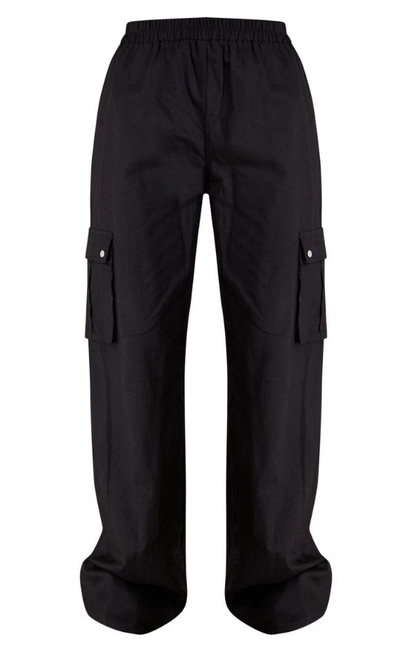 BLACK WIDE LEG HIGH WAISTED CARGO TROUSERS