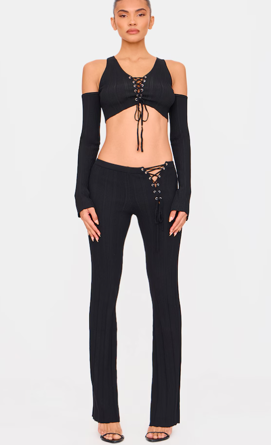 Black Textured Rib Knit Lace Up High Waist Flared Trousers