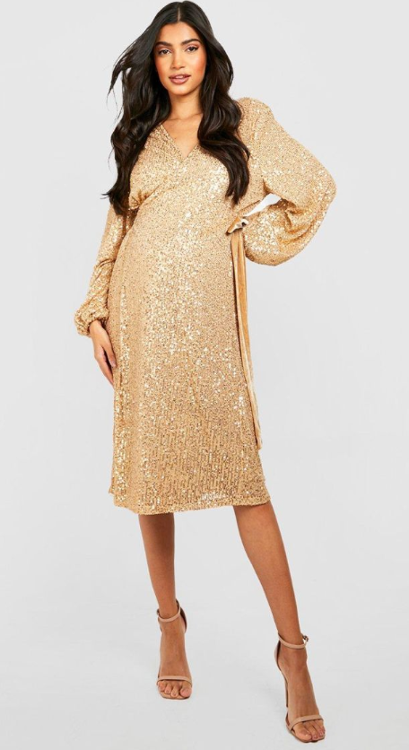 Boohoo Maternity Sequin Puff Sleeve Belt Midi Dress - bronze