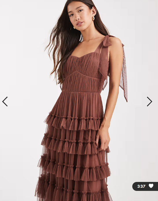 Lace & Beads Ophelia tulle bow shoulder tiered maxi dress in rose brown