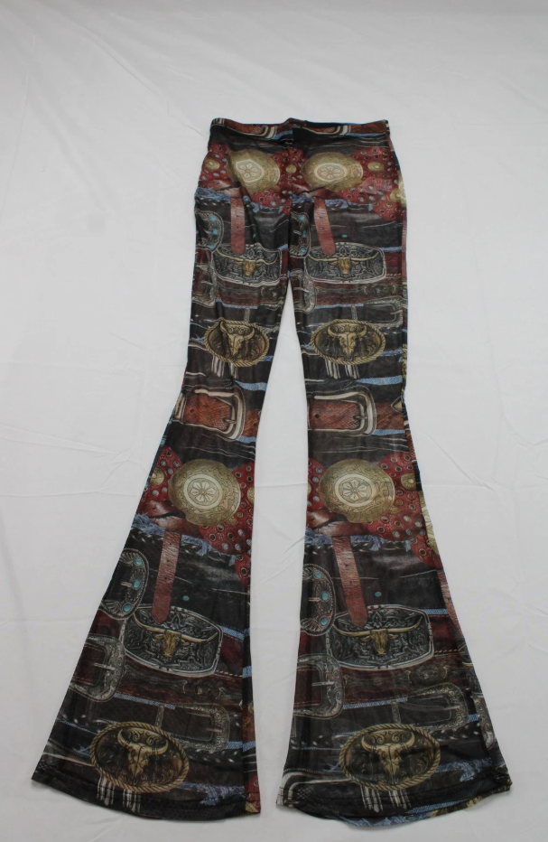 Multi Mesh Belt Print Flare Trousers