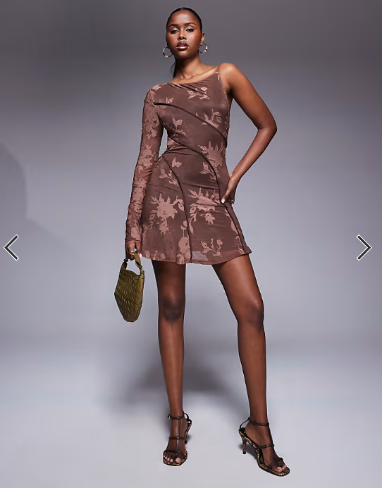 ASOS DESIGN devore one sleeve mini dress with open back and exposed seam details in brown
