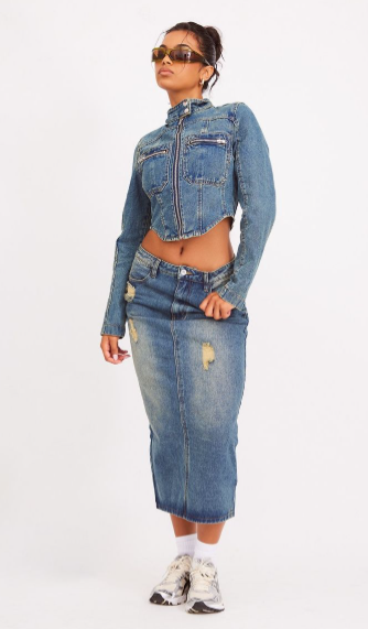 Indigo Vintage Wash Distressed Denim Midi Skirt