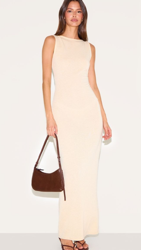 Almond Textured Boat Neck Sleeveless Maxi Dress
