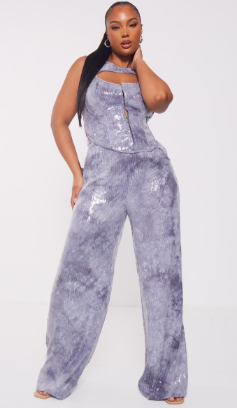 Plus Charcoal Sequin Wide Leg Trousers